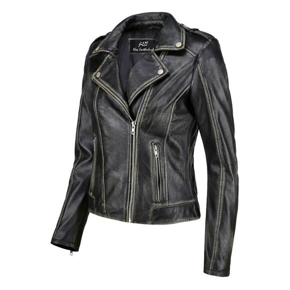 Jild Size M Women's Handwaxed Biker Style Motorcycle Zip-Up Leather Jacket - Picture 1 of 12